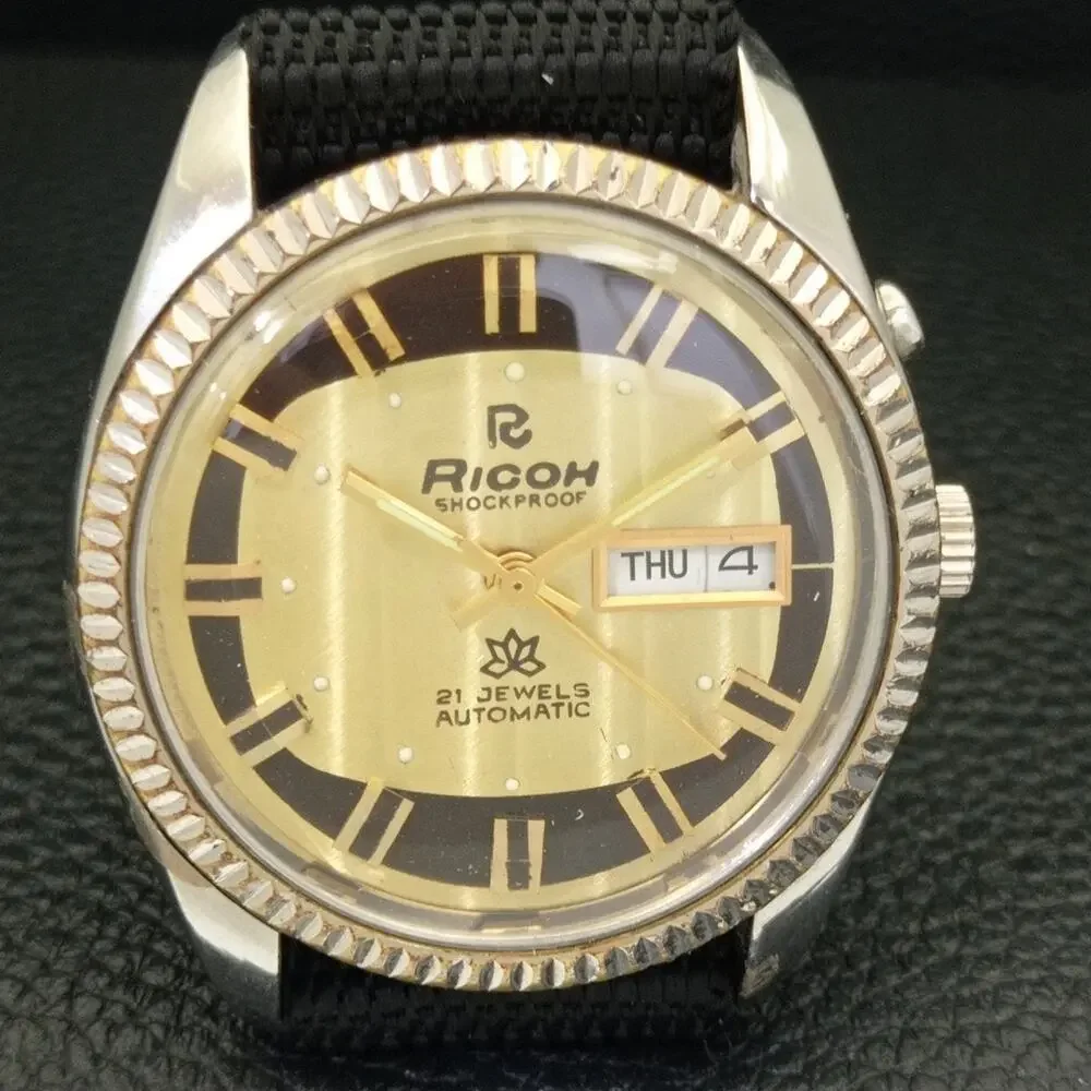 Vintage 1976 Ricoh Automatic Mens Silver Watch W/daydate & Gold accents